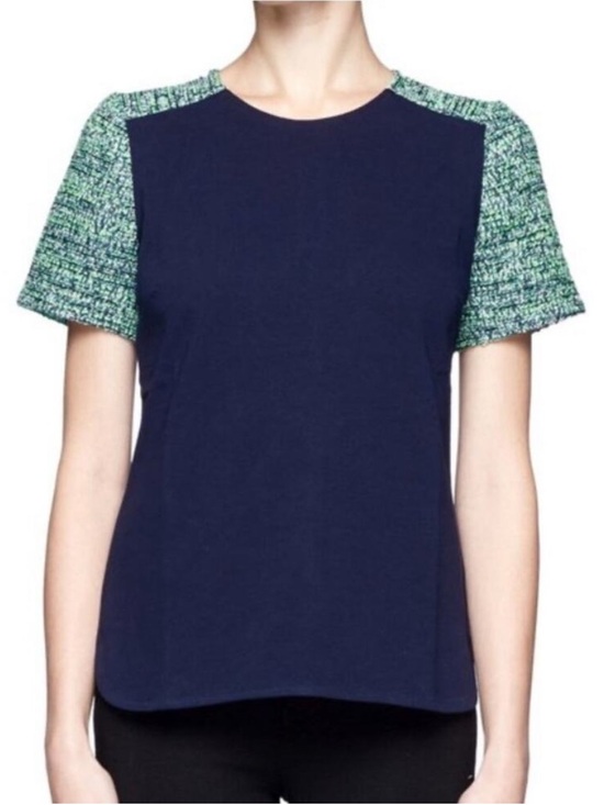 J. Crew Tops - J.CREW TOP WITH TWEED SHOULDERS WOOL SILK BLEND MAVY GREEN SILVER SZ MED
